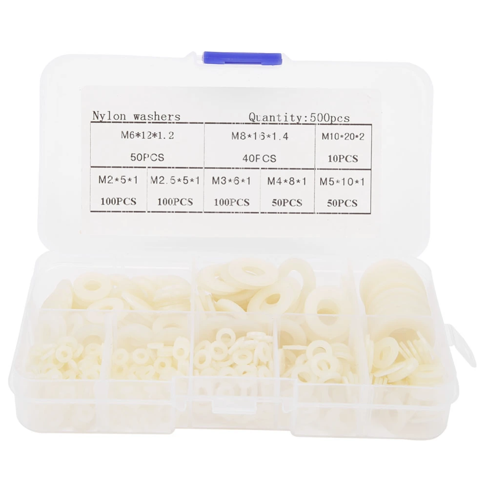 500pcs/box Nylon Washer Set M2 M2.5 M3 M4 M5 M6 M8 M10 Hardware Fasteners AccessoriesWhite