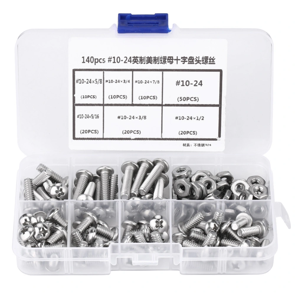 140pcs /set #10-24 Stainless Steel Cross Pan Head Screws with a Plastic Box