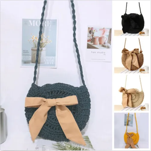 Women Fashion Rattan Straw Bag, Lady Bow Beach Zipper Messenger Bag
