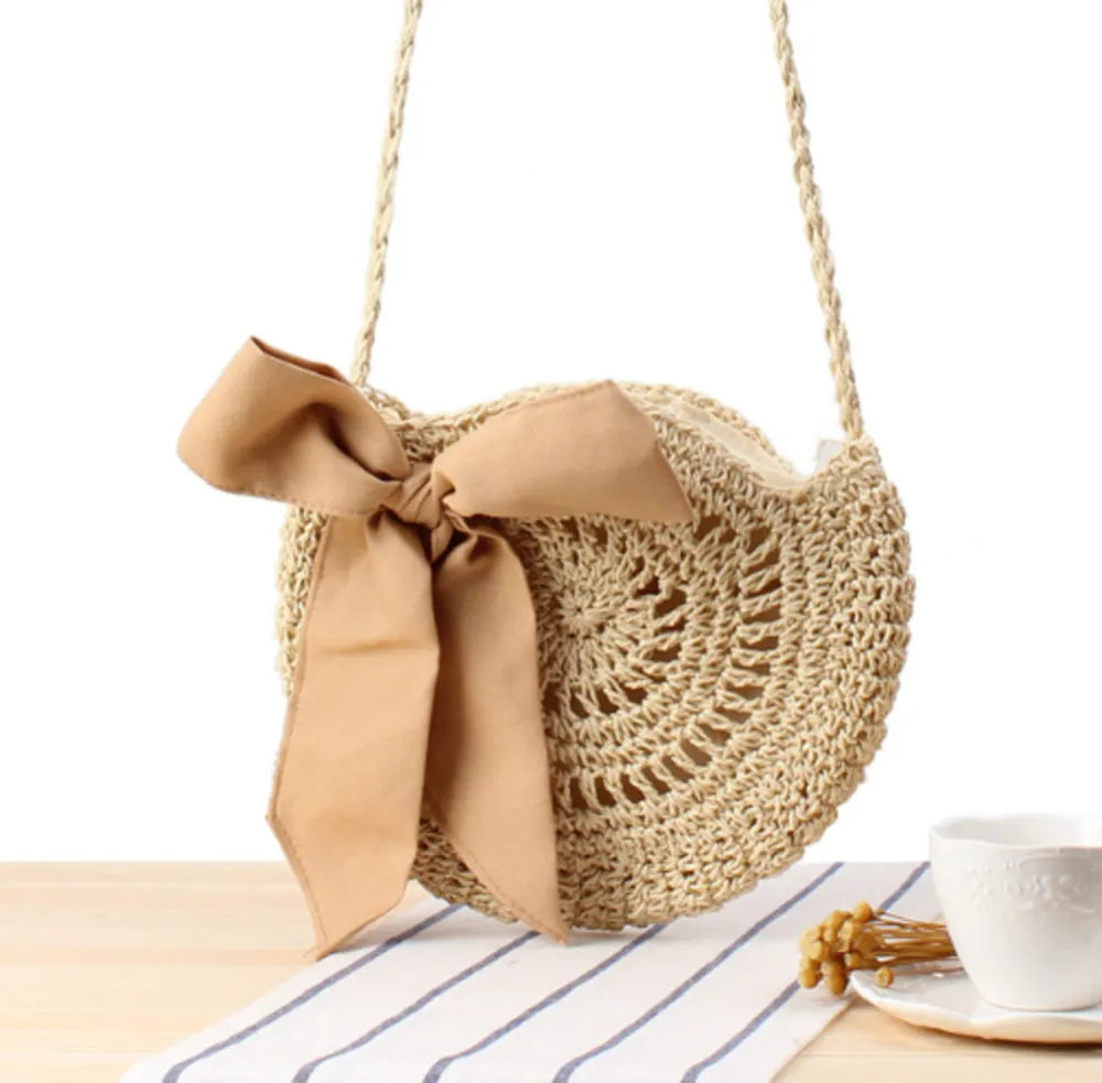 Women Fashion Rattan Straw Bag, Lady Bow Beach Zipper Messenger Bag