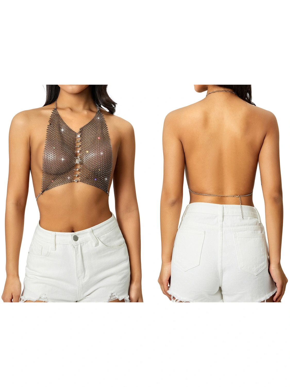 Women's Body Chain Jewelry, Shiny Rhinestone Halter Crop Tops