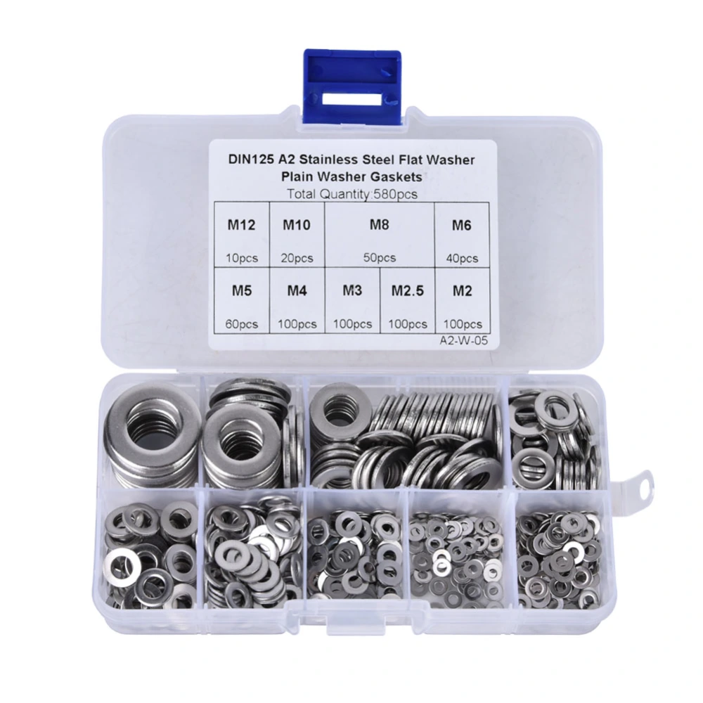 580PCS Stainless Steel Flat Washer Assortment Set M2 M2.5 M3 M4 M5 M6 M8 M10 M12