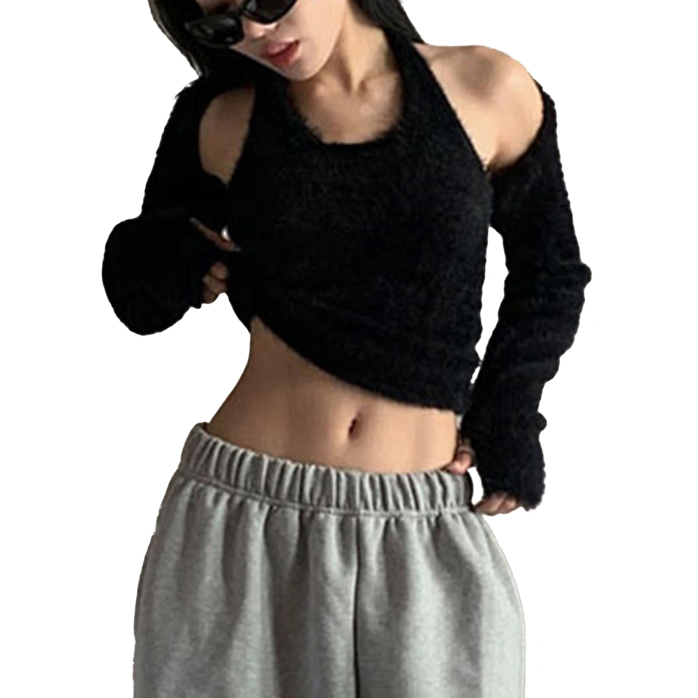 Women Shirt Long Sleeve Hanging Neck Velvet Crop Tops for Women