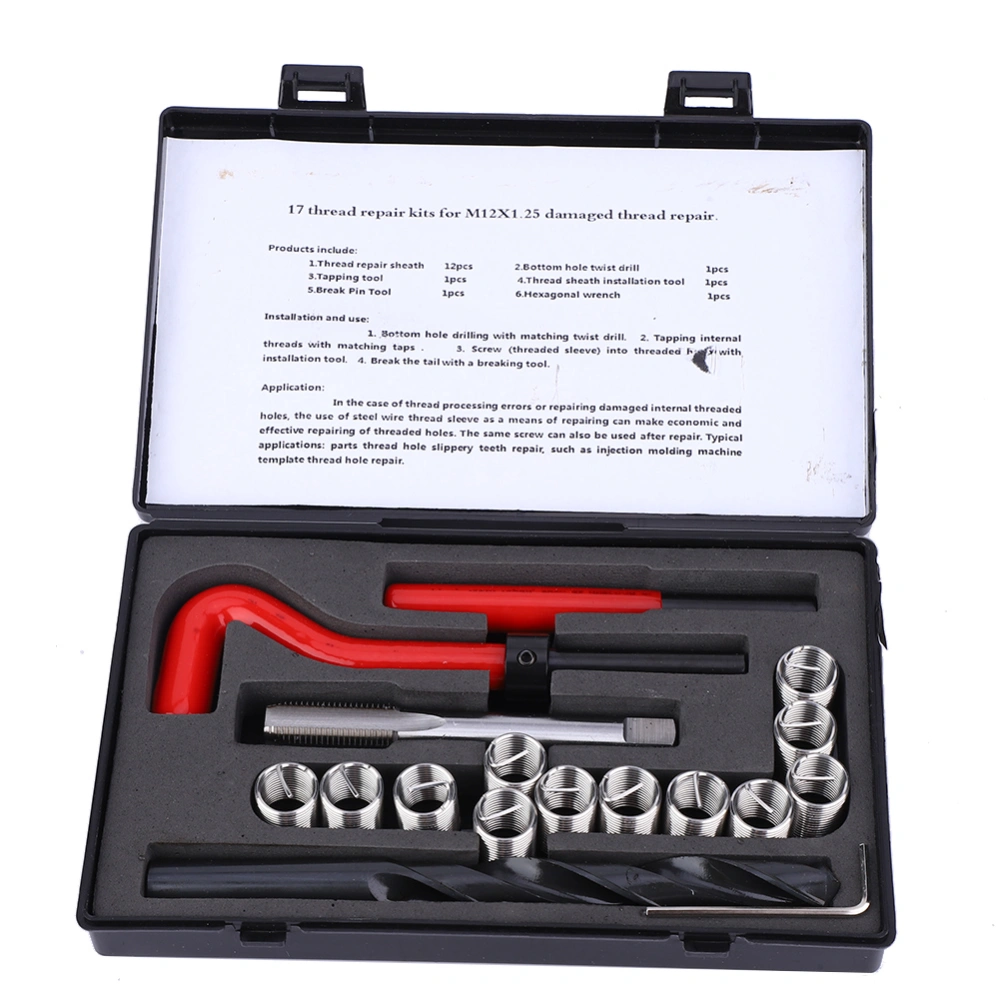 17Pcs Thread Repair Kit Stainless Steel Twisted Drill Wrench Threaded Insert M12x1.25