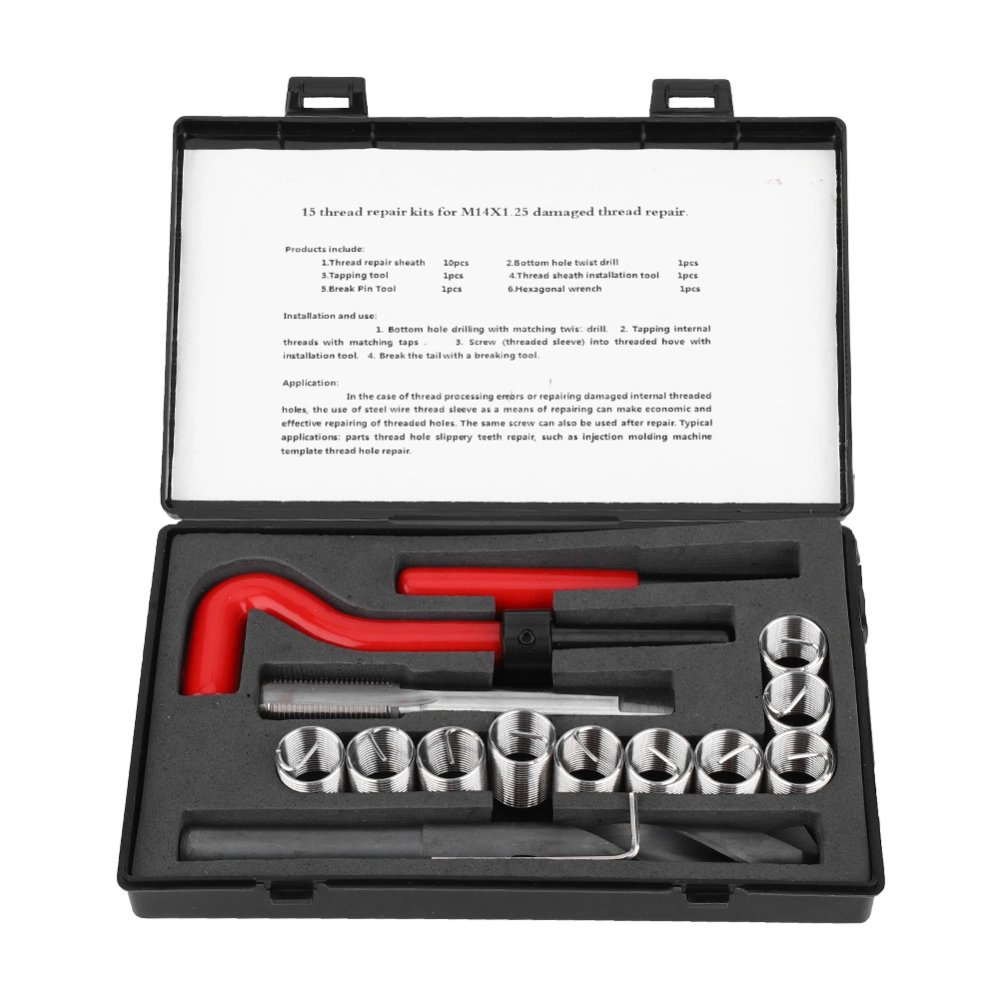 15Pcs Thread Repair Kit Stainless Steel Twisted Drill Wrench Threaded Insert for Car M14x1.25