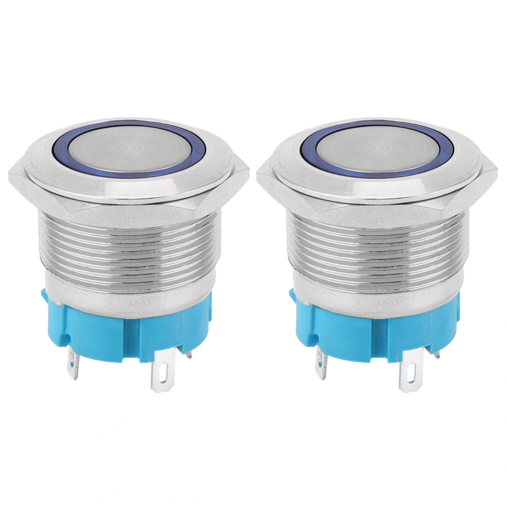 2PCS 4 Pin Self Locking Push Button Switch with Ring Light 22mm IP65 for Ship Car Modification(Blue 12~24VDC)