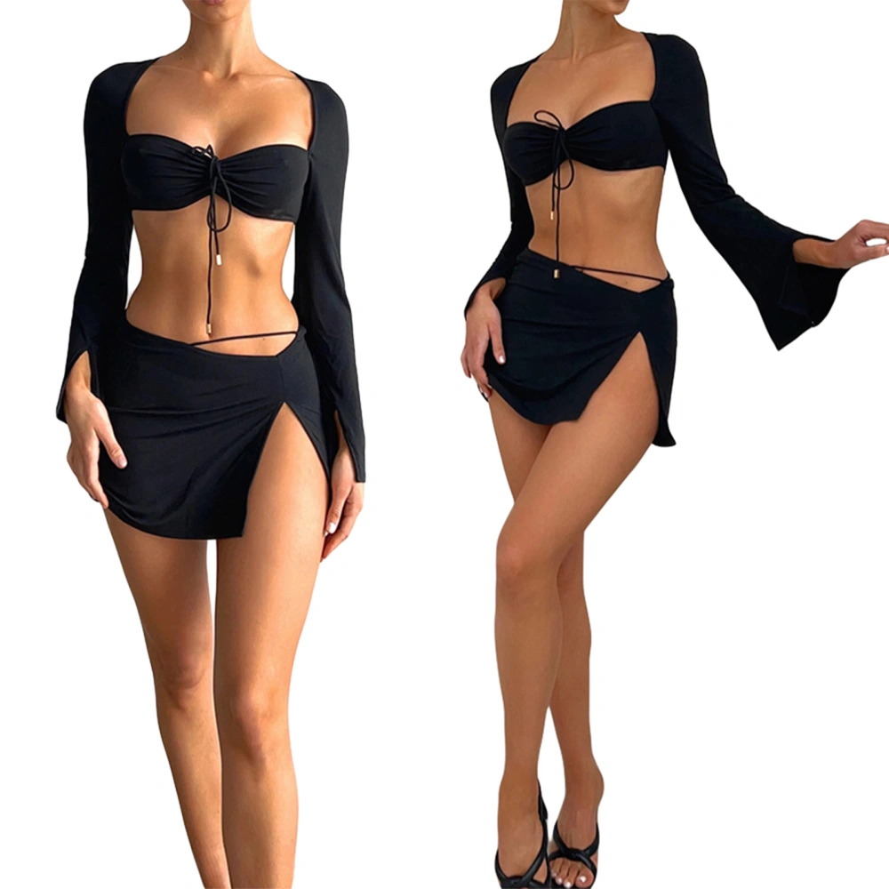 Women’s Two Piece Outfits, Tie-up Front Crop Tops and Split Skirt Set