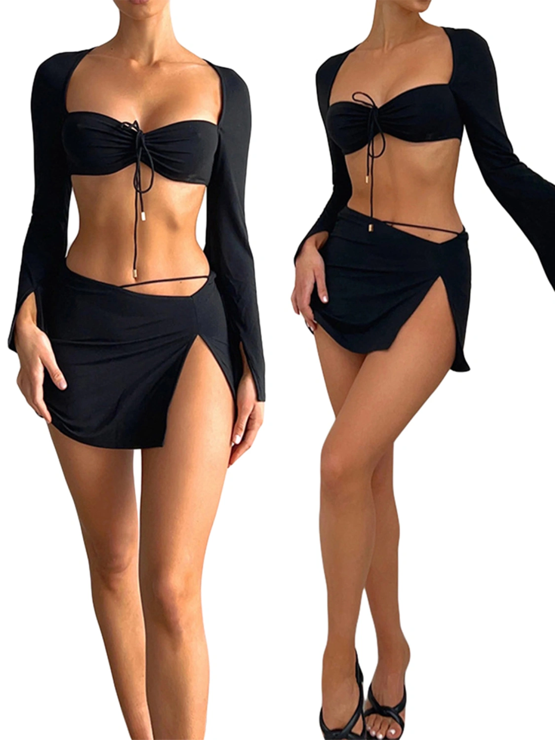 Women’s Two Piece Outfits, Tie-up Front Crop Tops and Split Skirt Set