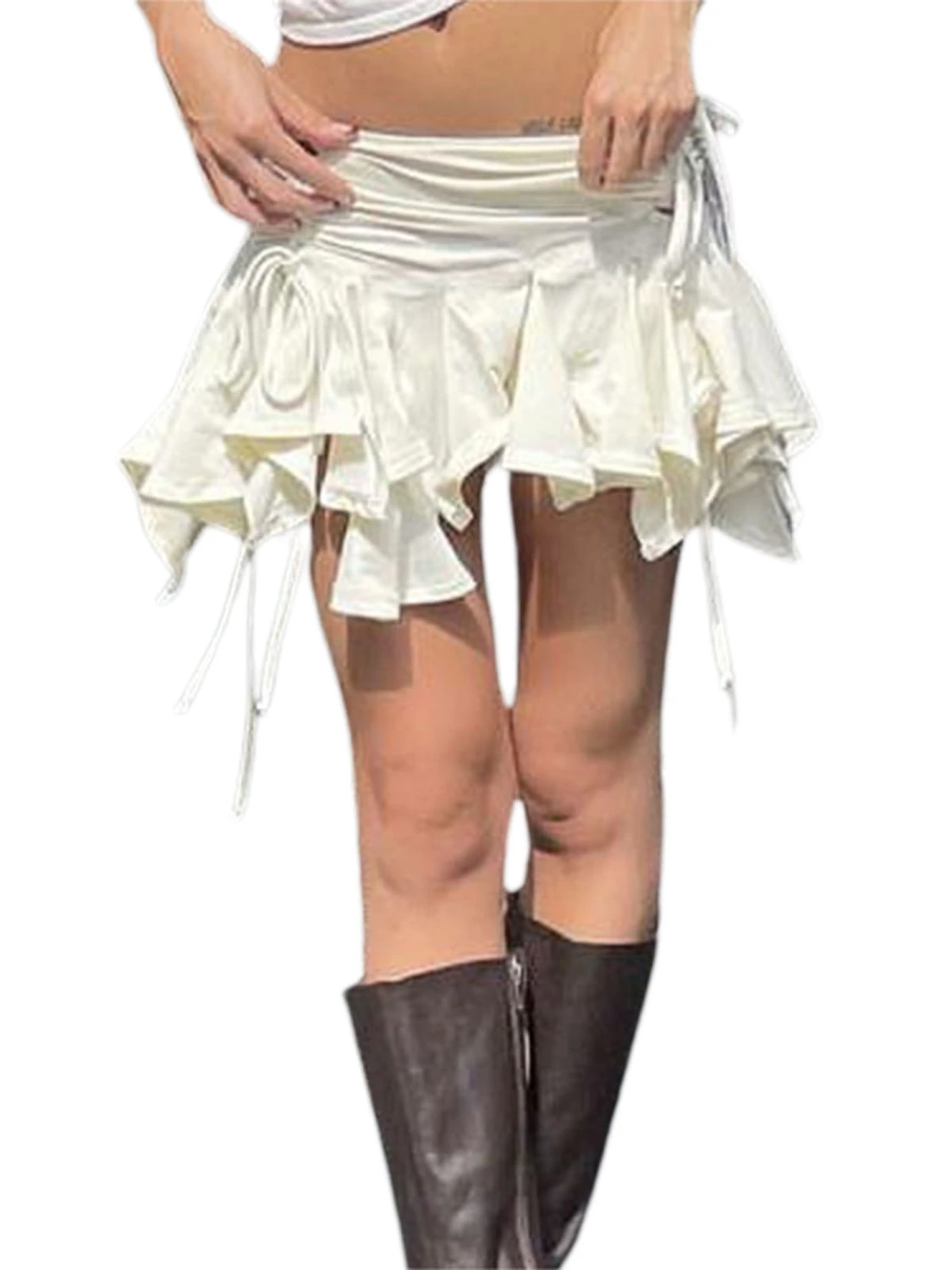 Women Gothic Punk Skirts Solid Color Drawstring Ruched Skirt