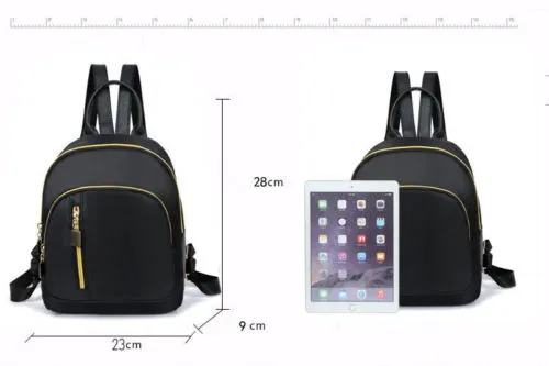 Feamle Zipper Black Nylon Backpack, Monochrome Travel School Shoulder Bags