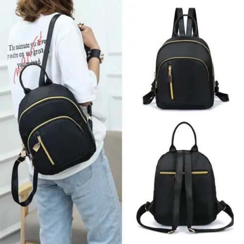Feamle Zipper Black Nylon Backpack, Monochrome Travel School Shoulder Bags