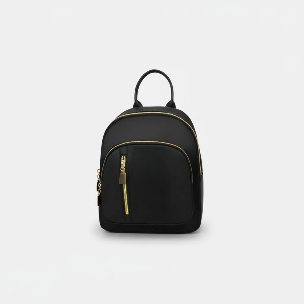 Feamle Zipper Black Nylon Backpack, Monochrome Travel School Shoulder Bags