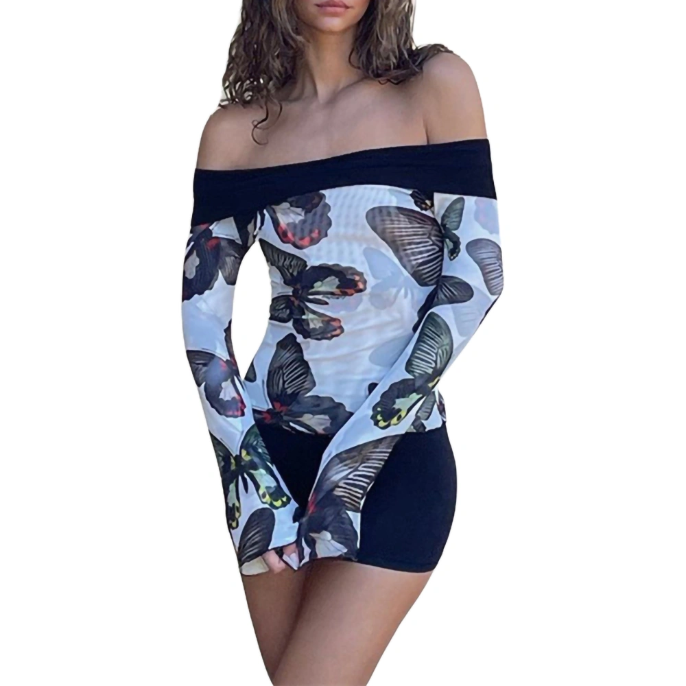 Women Tops, Long Sleeve Off-shoulder Backless Butterfly Print Tops