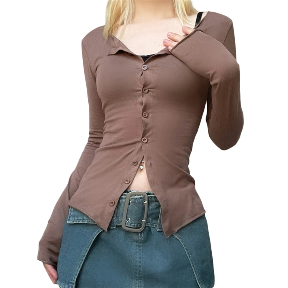 Women Long Sleeve V Neck Buttons Solid Color Casual Tops, S-M-L