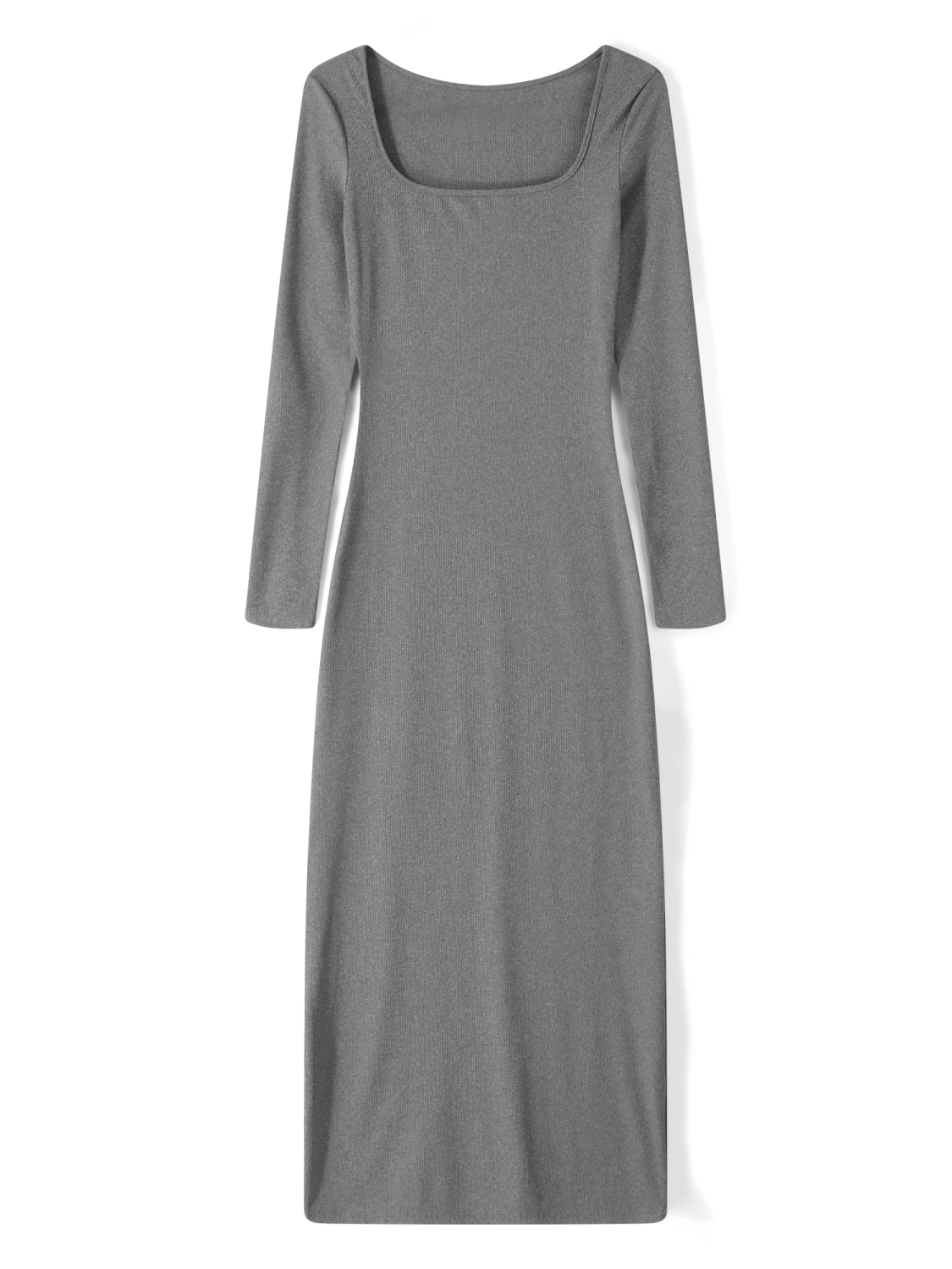 Women Long Bodycon Dress Solid Color Ribbed Square Neck Dress