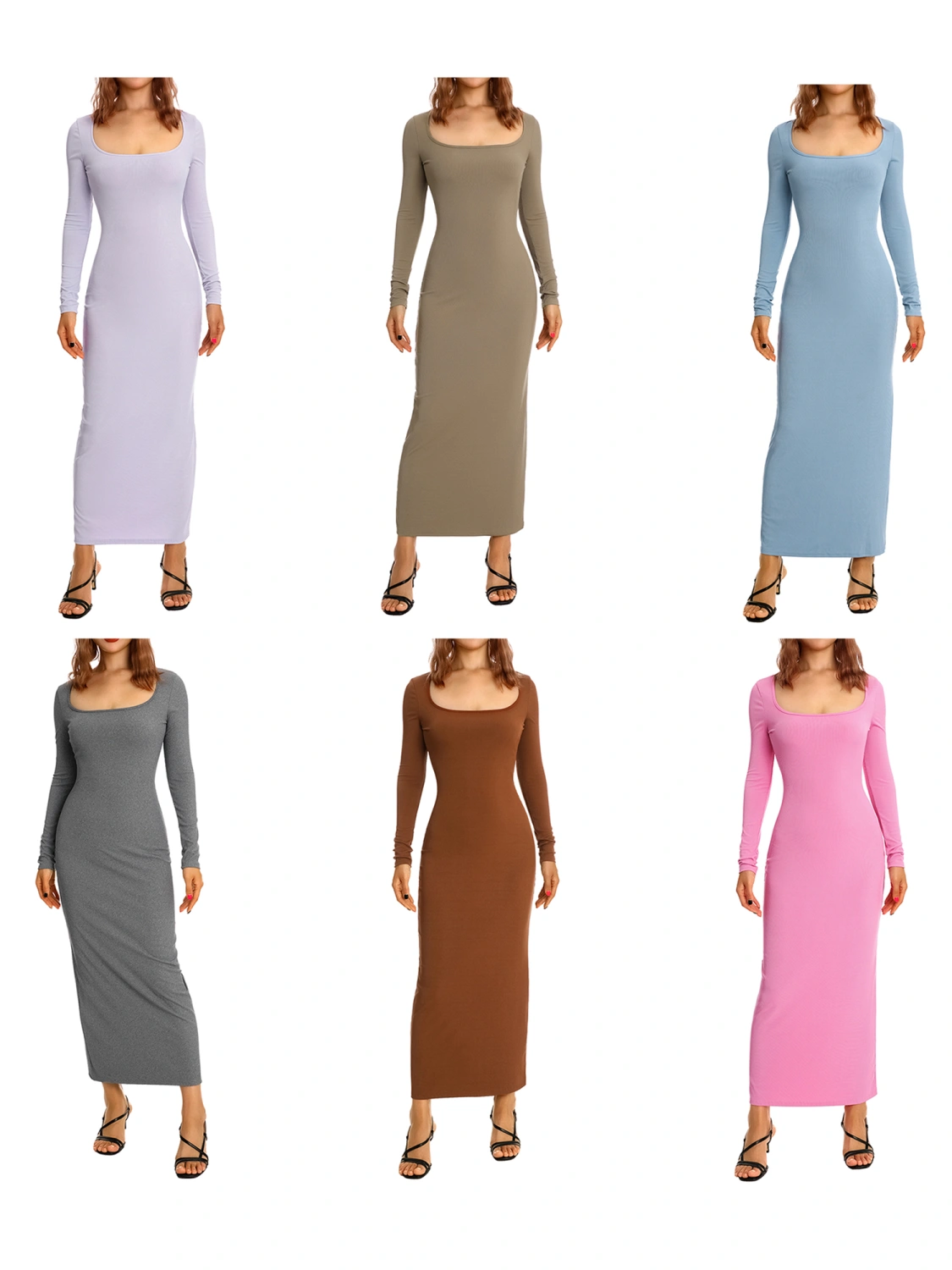 Women Long Bodycon Dress Solid Color Ribbed Square Neck Dress
