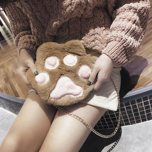 Cute Dog Paw Soft Artificial Fur Bag, Girl Lovely Plush Shoulder Bags