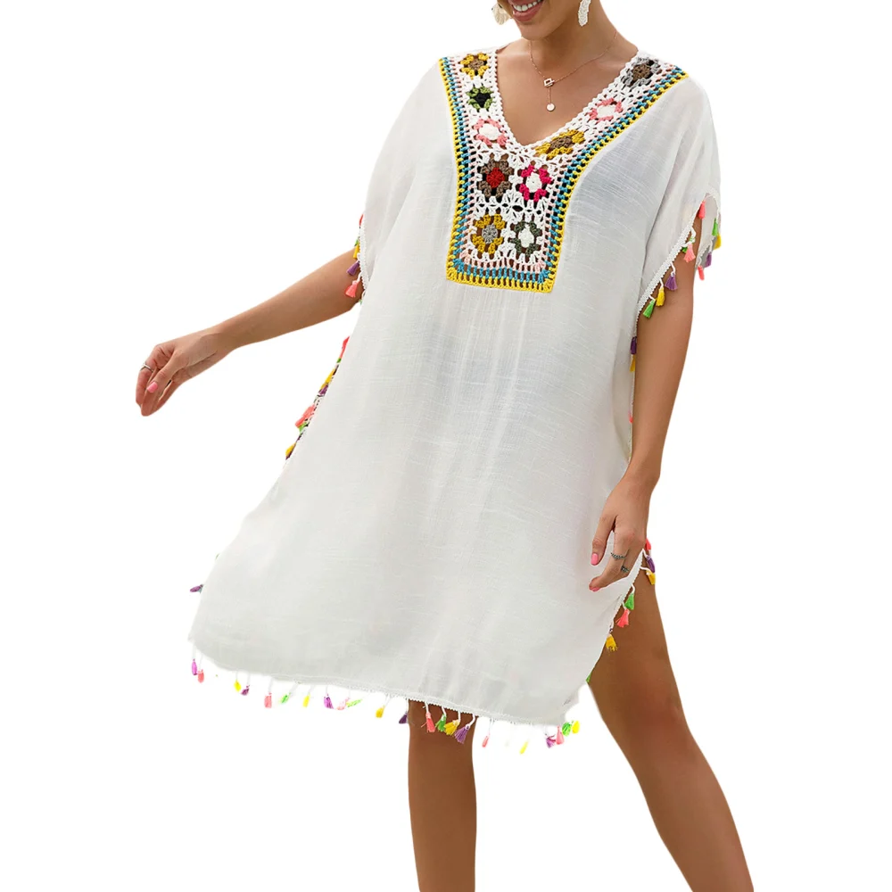 Women's Bohemia Cover-Up, Crochet Flower V-Neck Short Sleeve Dress