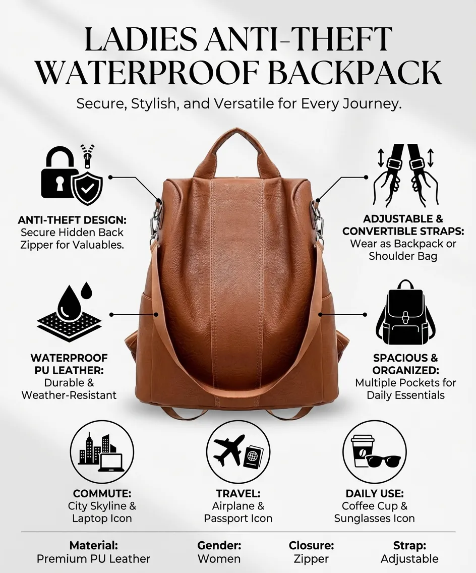 Ladies Shoulders Bag with Zipper Closure Anti-Theft Waterproof Wearable Backpack