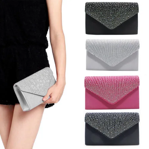 Ladies Evening Bag Chain Snap Button Shiny Embellishment Clutch