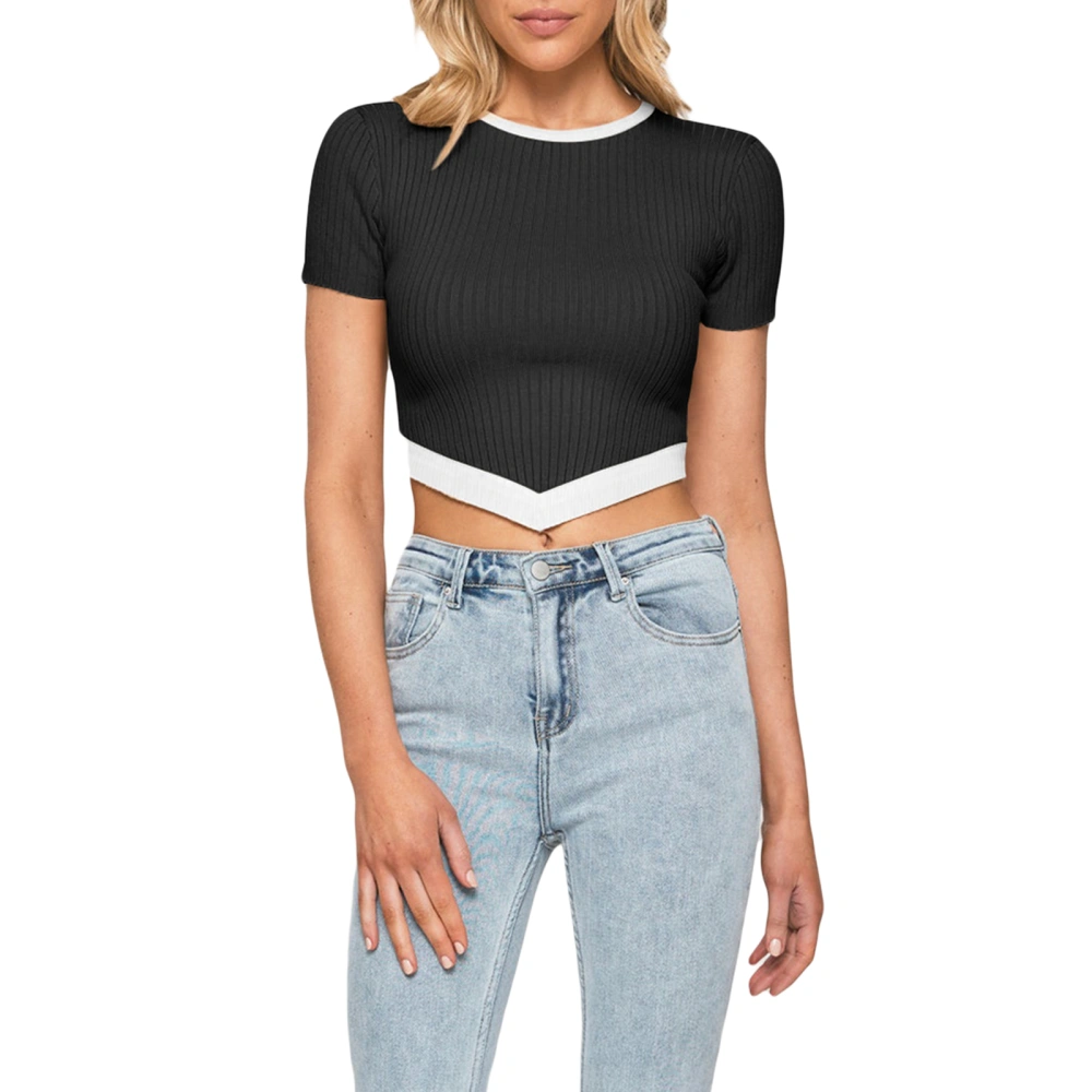 Women's Ribbed Crop Tops, Contrast Color Hanky Hem  T-Shirts