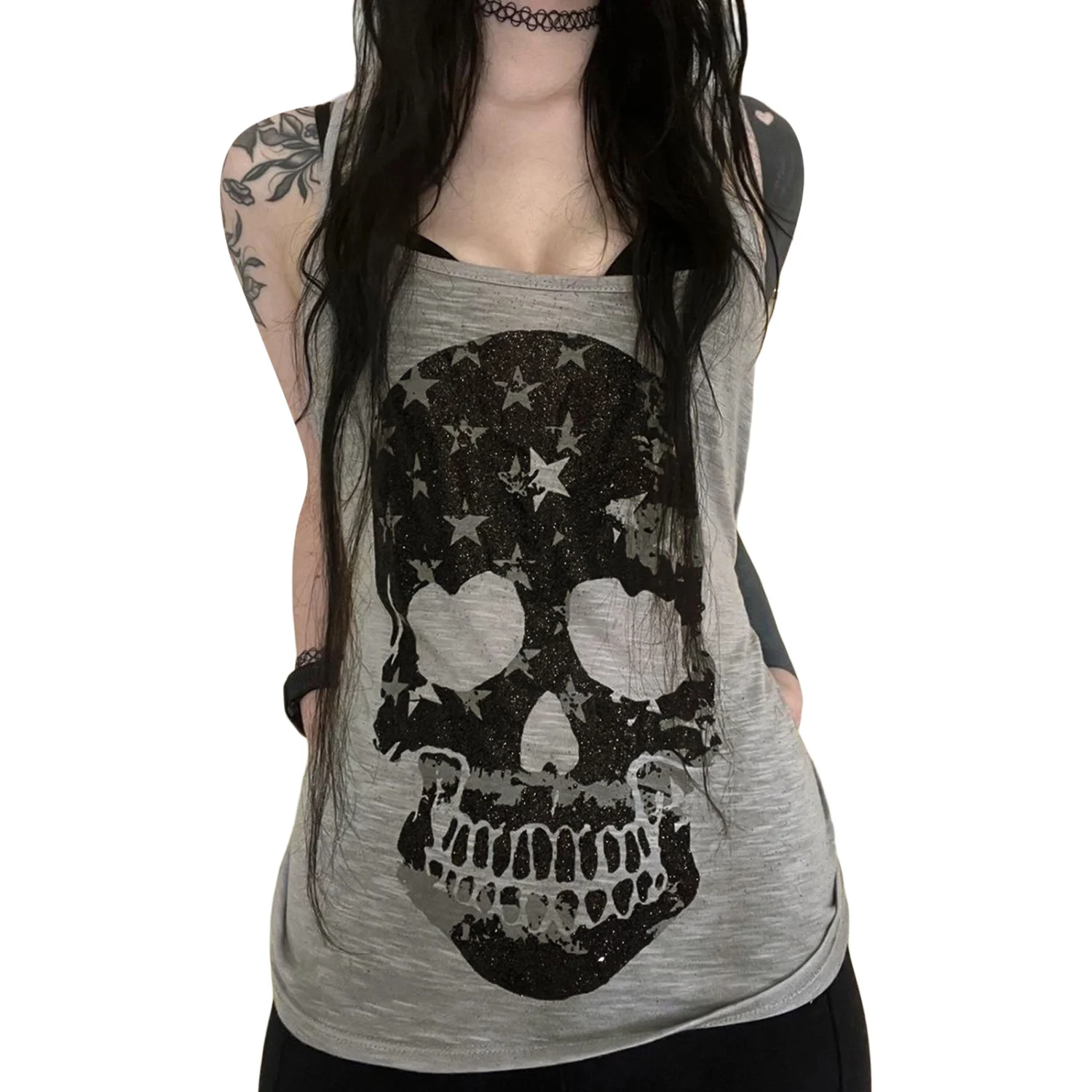 Women Vest Off Shoulder Skull Print Casual Street Grey Vest Tops 