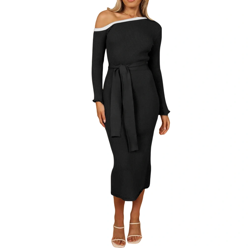 Women Dresses Long Sleeve Off Shoulder Patch Color Fall Dresses