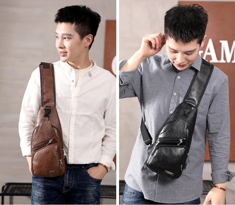 Male Crossbody Chest Bags,USB Charging Headphone Plug Leather Shoulder Bag