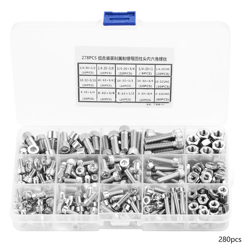 278pcs Stainless Steel Hex Socket Cap Head Bolts Hex Screw Assortment Kit