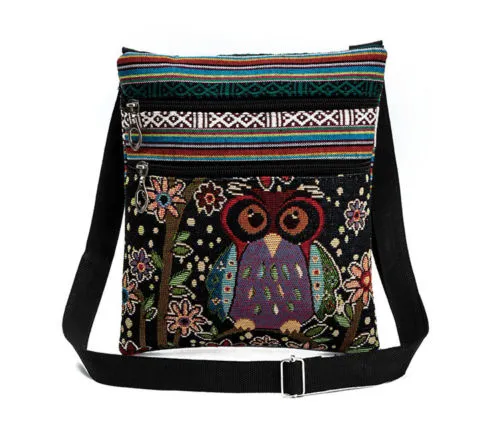 Women Ethnic Style Owl Print Zipper Messenger Bag with Adjustable Strap