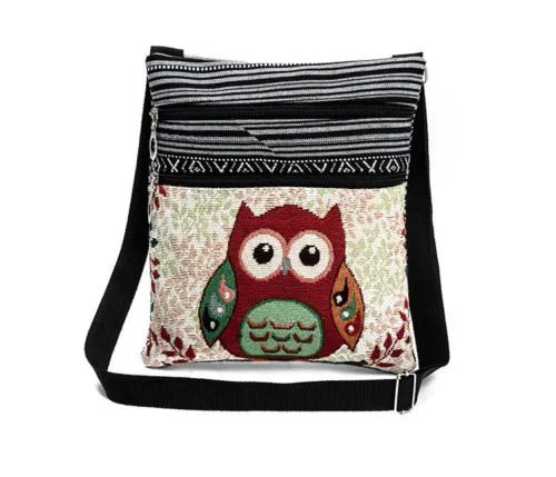Women Ethnic Style Owl Print Zipper Messenger Bag with Adjustable Strap