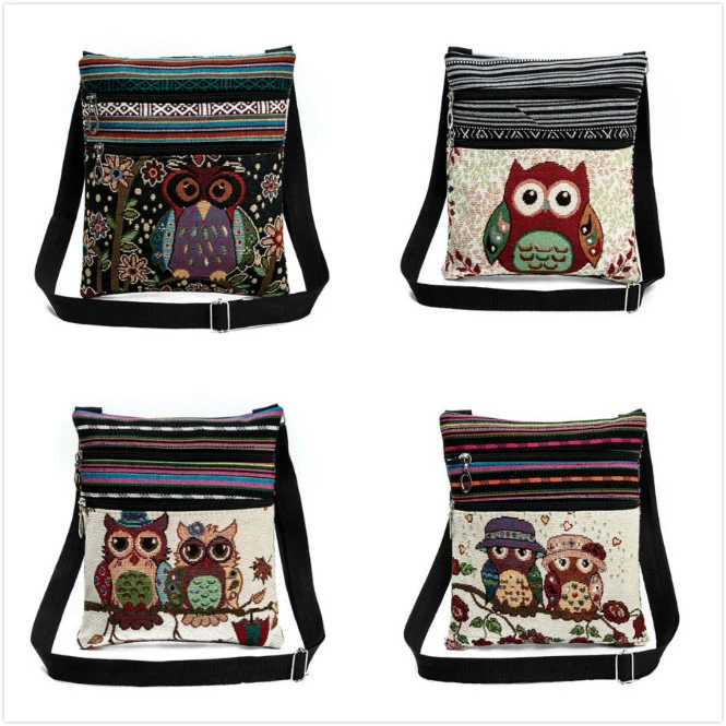 Women Ethnic Style Owl Print Zipper Messenger Bag with Adjustable Strap