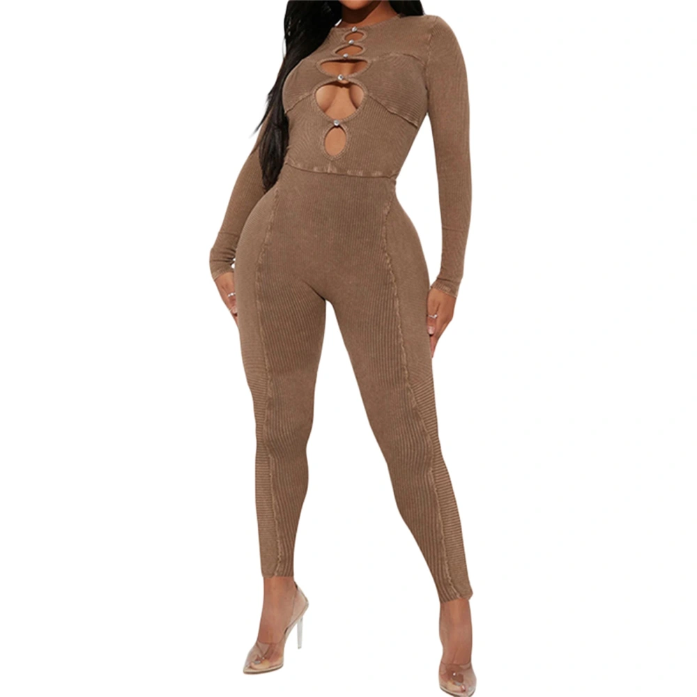 Women Jumpsuit, Long Sleeve Crew Neck Hollowed Solid Slim Romper