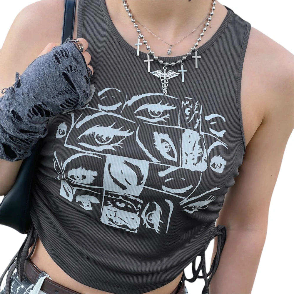 Women Crop Vest Sleeveless Round Neck Eyes Print Knitting Summer Tops 