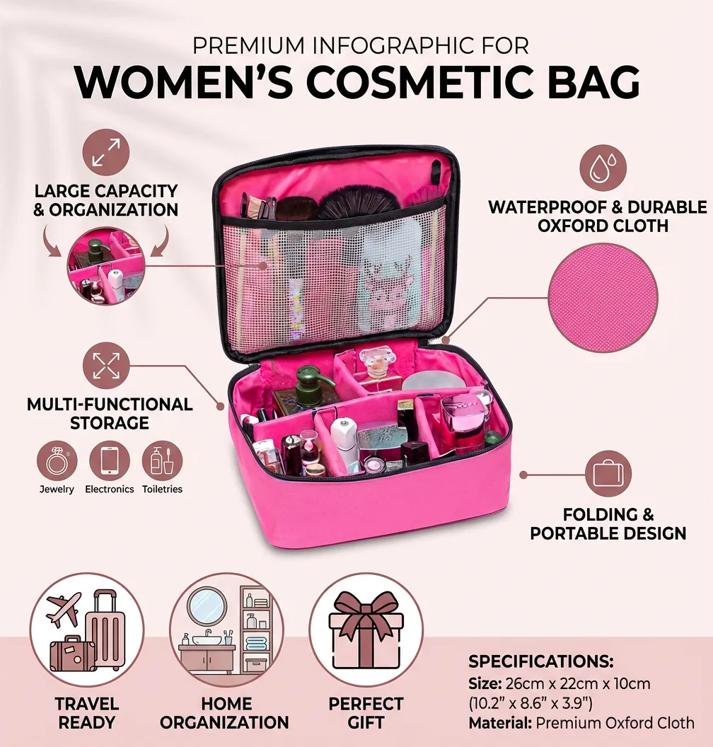 Women Cosmetic Bag Zipper Up Folding Makeup Box Toiletry Case