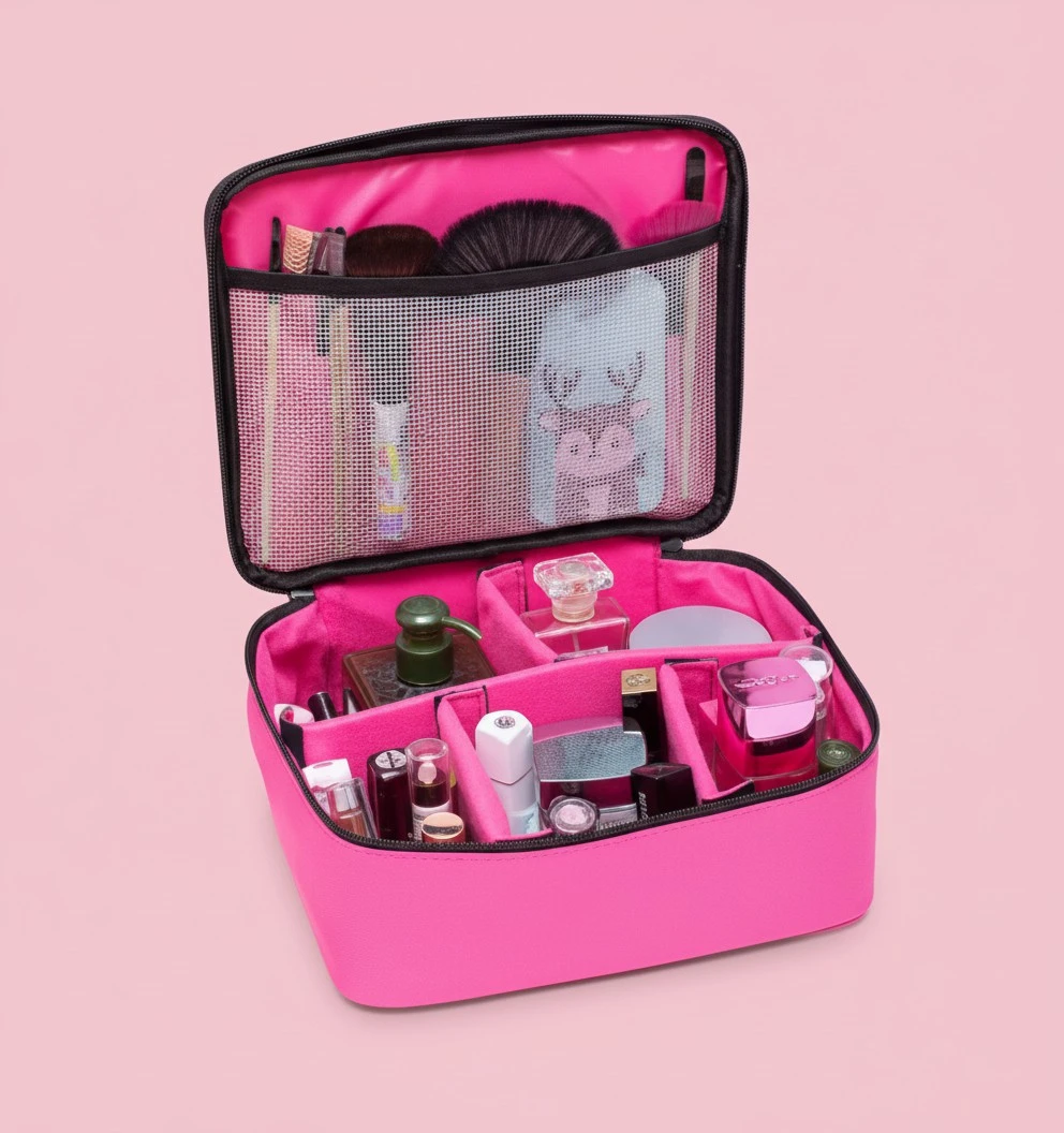 Women Cosmetic Bag Zipper Up Folding Makeup Box Toiletry Case