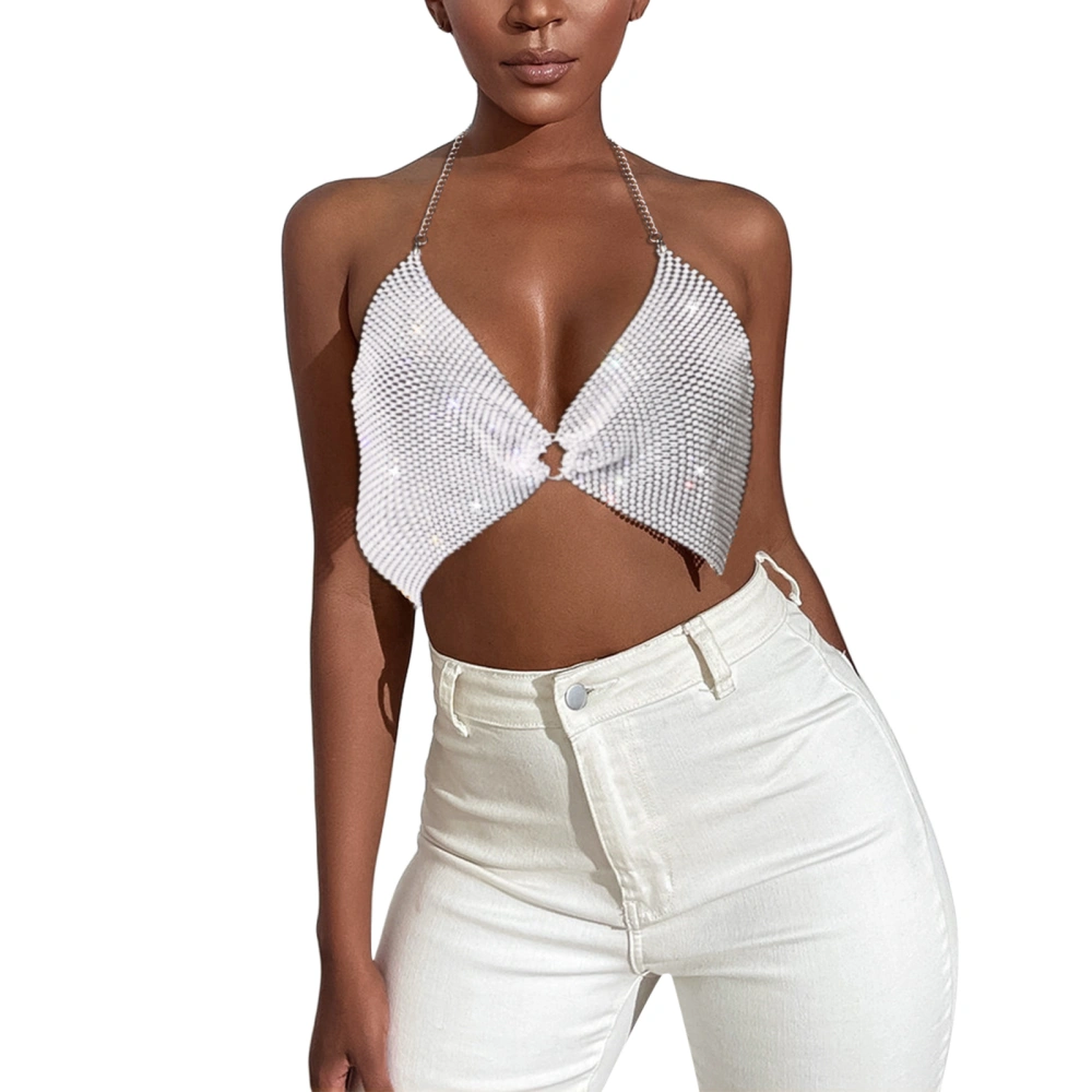 Women Vest Artificial Diamonds Off Shoulder Cutout Bowknot Tops 