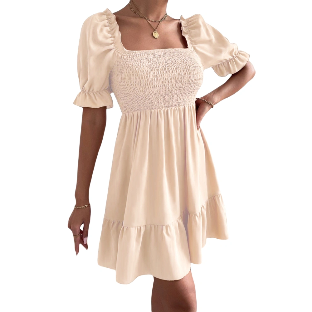 Women A-Lined Short Sleeve Square Neck Solid Color Pleated Midi 