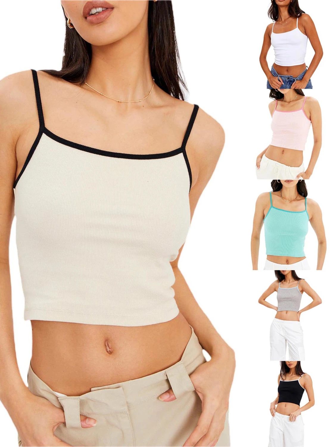 Women's Crop Cami Tops, Spaghetti Strap Contrast/Solid Color Camisole