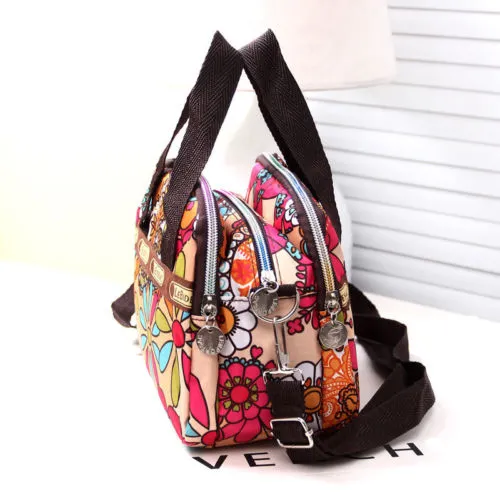 Female  Nylon Floral Tote,Water Resistant Multi Pocket Zipper Crossbody Bags