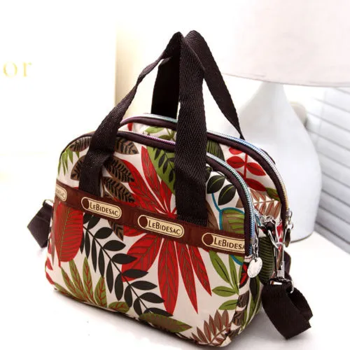 Female  Nylon Floral Tote,Water Resistant Multi Pocket Zipper Crossbody Bags