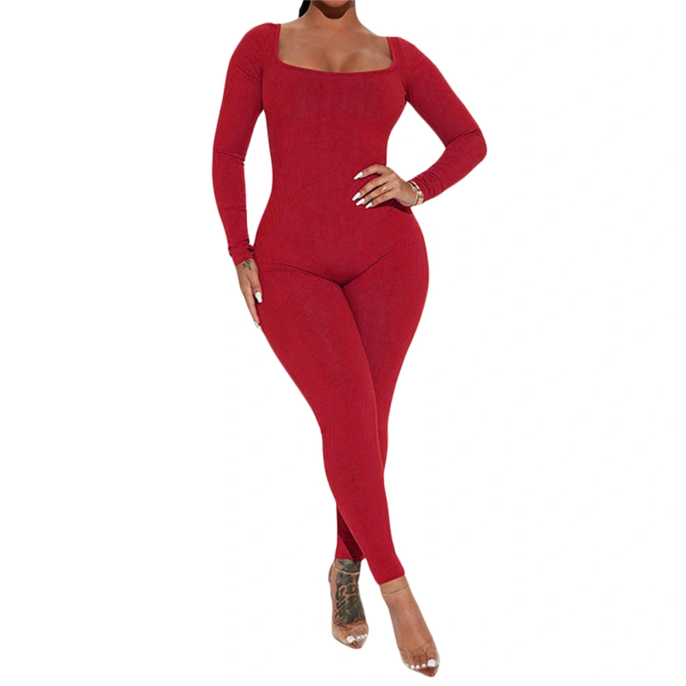 Women Workout Romper Solid Color Backless Long Sleeve Pants Jumpsuits 