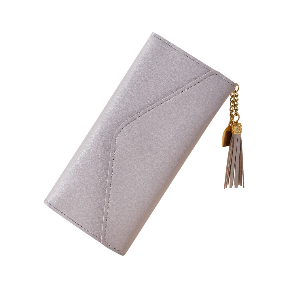 Women Long Wallet, Tassel Bifold Clutch, Solid Color Button Closure Purse