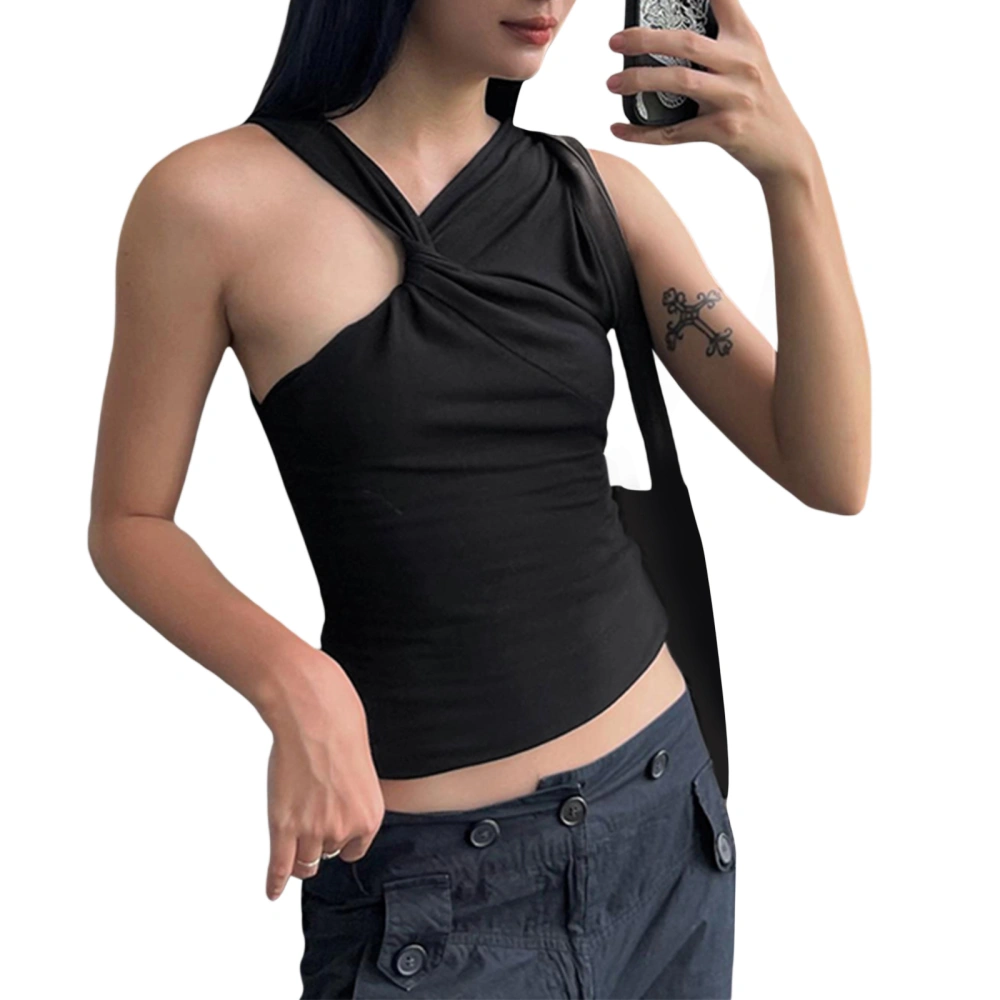 Women's Slim Vest, Solid Asymmetry Knot Ruched Cropped Tank Tops