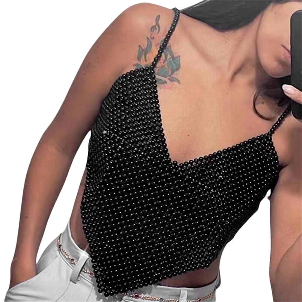 Women's Black Sleeveless Backless Beads Hanging Neck Camisole