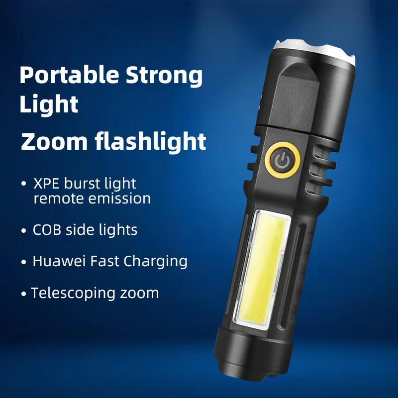 LED glare flashlight side light COB telescopic zoom outdoor portable multi-function small flashlight