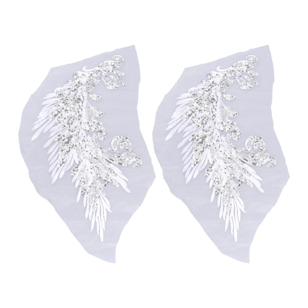 2 Pcs Retro Wings Shaped Sequin Embroidery Piece Cloth Sewing Accessories Simulated Phoenix Feather Decorative Embroidery Clothing Patch for DIY Craft Supplies (Silver White, Left Style)