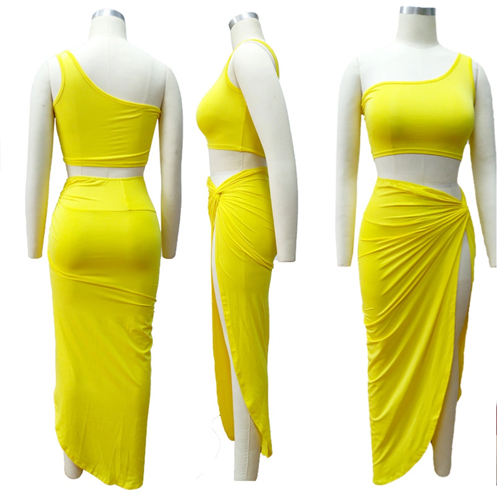 1 Set of Plus-size Dress Pleated Solid Color Skirt Casual Suit Coat and Skirt for Women Size XL (Yellow)