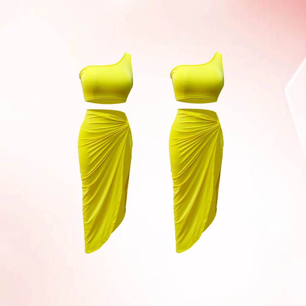 1 Set of Plus-size Dress Pleated Solid Color Skirt Casual Suit Coat and Skirt for Women Size XL (Yellow)