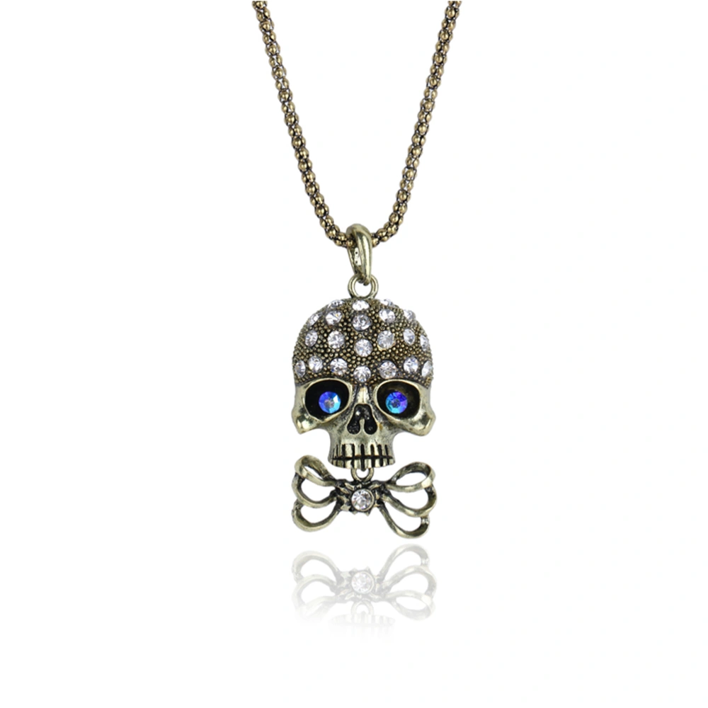 Skull Shaped Bowknot Decored Copper Pendant Necklace with Austrian Zircon (Bronze)